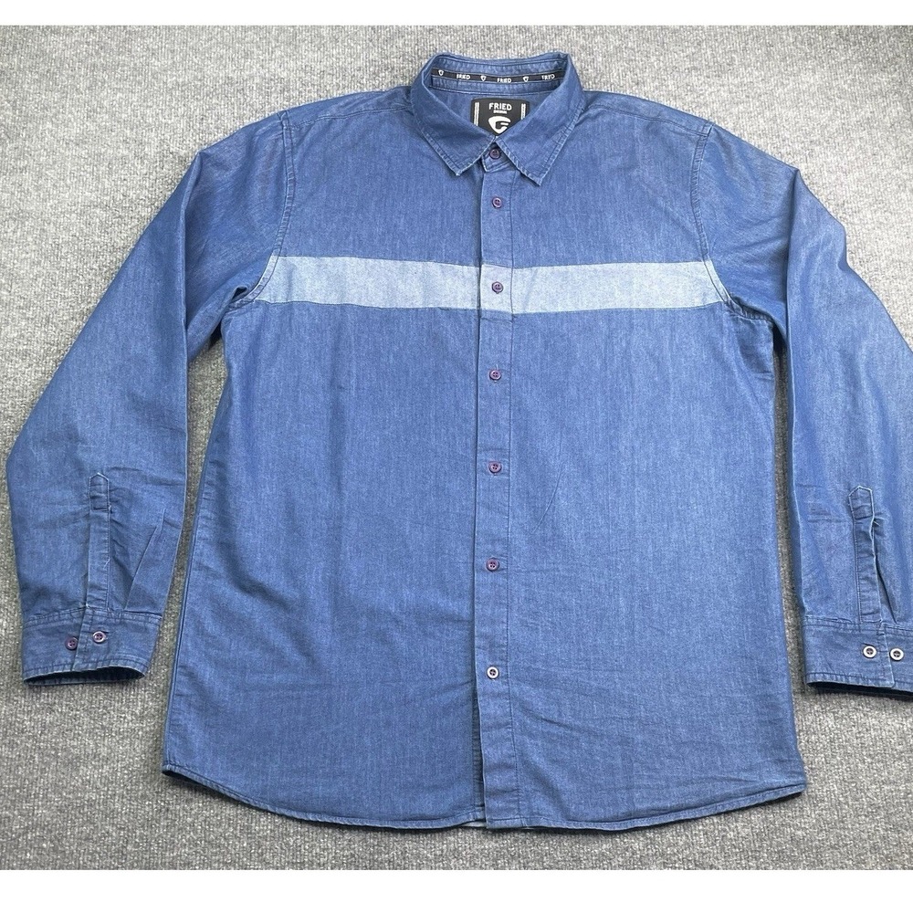 Fried Denim Button Down Shirt Mens XL Blue Slim Fit Long Sleeve Striped Chest